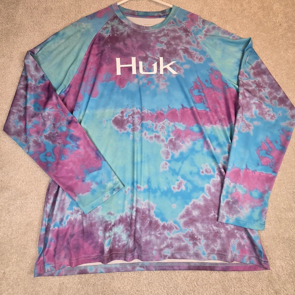 Huk Pursuit Long Sleeve Fishing Shirt Men's XL Blue Purple Tie Dye Performance